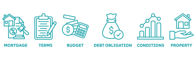 Refinance icon set illustration concept with icon of mortgage, terms, budget, debt obligation, conditions, property 