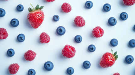 Blueberries, strawberries and raspberries on a white background