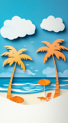 Obraz premium A vibrant paper cutout scene of a beach, featuring palm trees, clouds, and an umbrella.