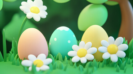 Fototapeta premium Whimsical garden scene with pastel colored eggs and daisies, evoking joy