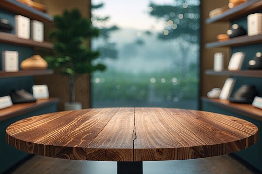 Stylized Wooden Table Top Against Serene Blurred Background for Distinctive Retail Storefronts