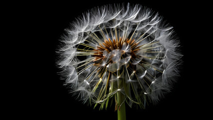 Close-up view of a dandelion puffball against a dark background highlighting its delicate structures and seeds