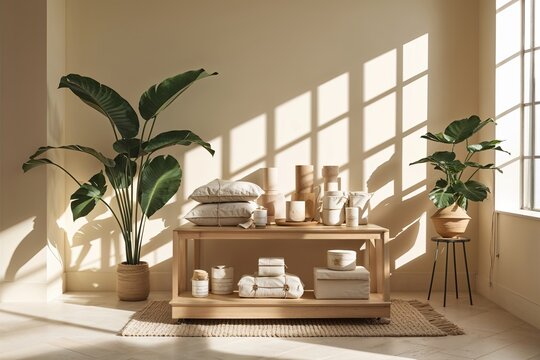 Elegant Soft Cream Room with Leaf Shadows for Artisanal Home Goods Display