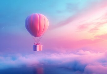 Naklejka premium Colorful Hot Air Balloon with Gift Box Ascending Above Dreamy Clouds at Sunrise in a Soft Pastel Sky