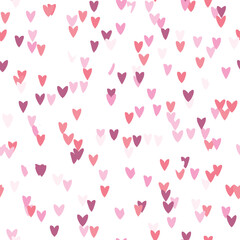 Seamless pattern with pink hearts. Template holiday vector illustration. Design for card, postcard, poster, print, banner. Cartoon colorful hearts on white background.