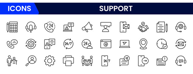  Support  Outline Icon Collection. Thin Line Set contains such Icons as Online Help, Helpdesk, Quick Response, Feedback and more. Simple web icons set.
