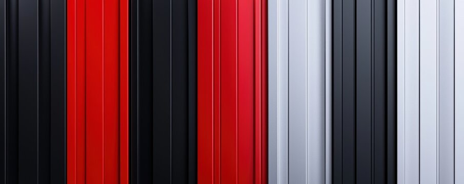 Minimalist vertical metal slats in red, black, and silver, high-tech glossy reflections, stylish futuristic panel arrangement