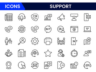  Support  Outline Icon Collection. Thin Line Set contains such Icons as Online Help, Helpdesk, Quick Response, Feedback and more. Simple web icons set.