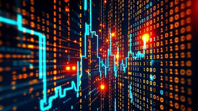 Abstract representation of digital data flow with glowing binary code and vibrant light patterns