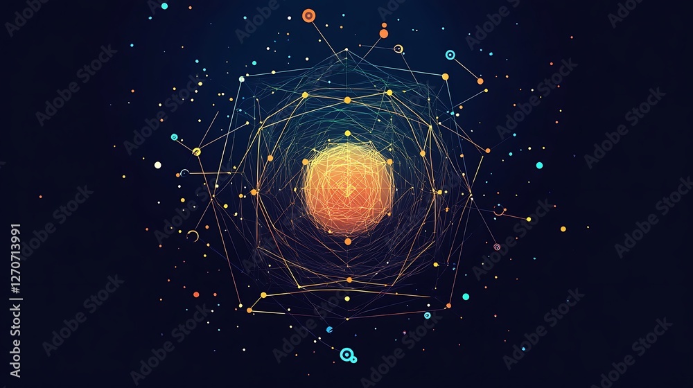 Poster abstract geometric sphere with connected lines, possible scientific or technological concept