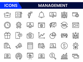 Management set of web icons in line style. Business or organisation management icons for web and mobile app. Time management, planning, project, startup, marketing. Vector illustration