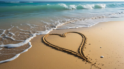 Obraz premium Beautiful heart symbol made in soft sand on a tranquil beach basking under a sunny and clear sky Stock Image Wallpaper