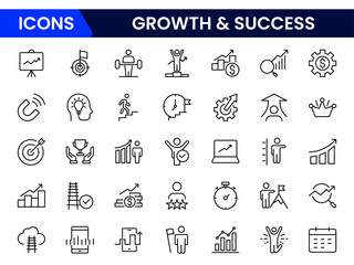 Growth and success line icons collection. Big UI icon set in a flat design. Thin outline icons pack. Vector illustration