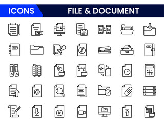 Document outline icons. Document icon set. Set of outline icons related to document, files, message, security. Linear icon collection.