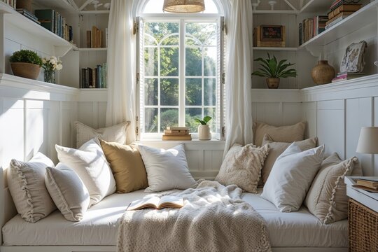 A Sunlit White Reading Nook with Soft Cushions, Cozy Decor, and Tranquil Ambiance