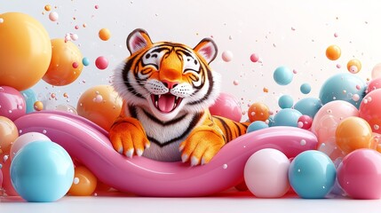 Cute wild tiger sliding down balloon-covered slide in a forest environment for fun and adventure