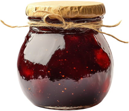 Jar of homemade raspberry jam, white isolation