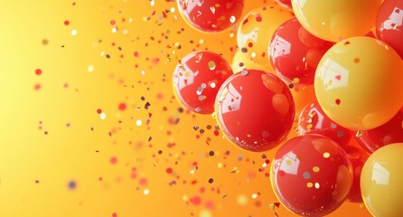 Colorful Red and Yellow Party Balls with Shiny Confetti on a Vibrant Orange Background for Festive Celebrations and Cheerful Events