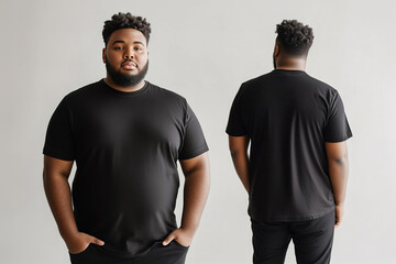 A plus-size male model wearing a black t-shirt, shown from both front and back perspectives, used as a design template mockup