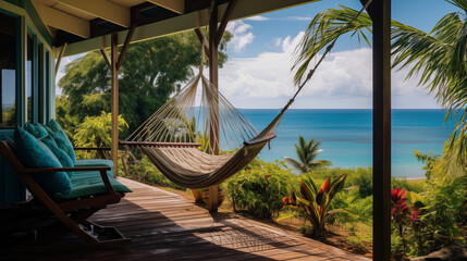 View from porch with a hammock overlooking turquoise ocean, tropical forest, bright daylight, serene atmosphere.