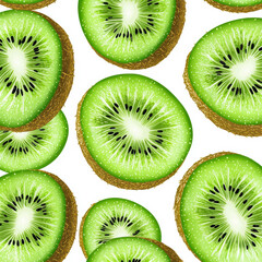 Fototapeta premium Seamless pattern of fresh kiwi slices, bright green pulp with detailed black seeds, realistic texture, vibrant and juicy tropical fruit design