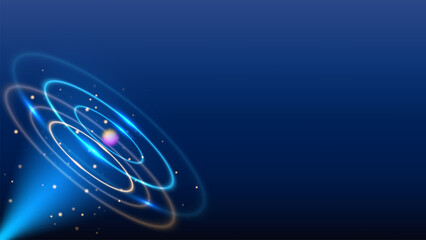 A stunning circular design combining blue and gold light effects with abstract golden rings and sparkling swirls, perfect for celebrations and exhibitions on dark stage backgrounds.