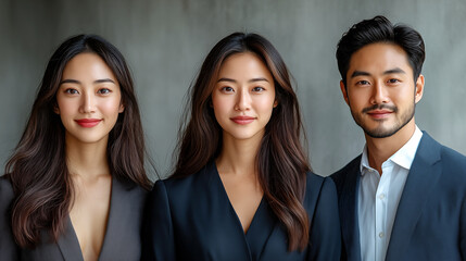 Portrait of three asian business people looking at camera and smiling