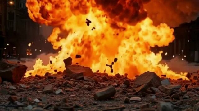 C4 explosion with realistic debris and flames