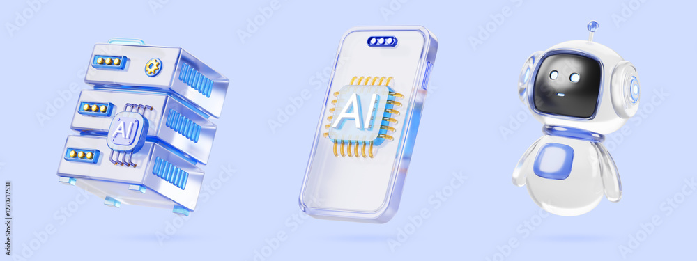 Fototapete Artificial intelligence glass 3d icon render set. Chatbot robot character, data server, mobile phone with ai chip isolated on blue background. Cute computer technology, futuristic bot. 3D illustration