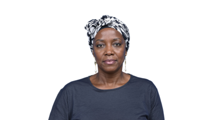 Confident mature woman in headscarf and earrings, wearing a dark shirt, isolated on a white background. Concept of cultural diversity and self-expression. Ai generative