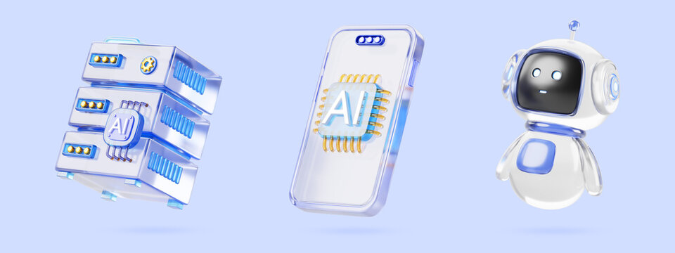 Artificial intelligence glass 3d icon render set. Chatbot robot character, data server, mobile phone with ai chip isolated on blue background. Cute computer technology, futuristic bot. 3D illustration