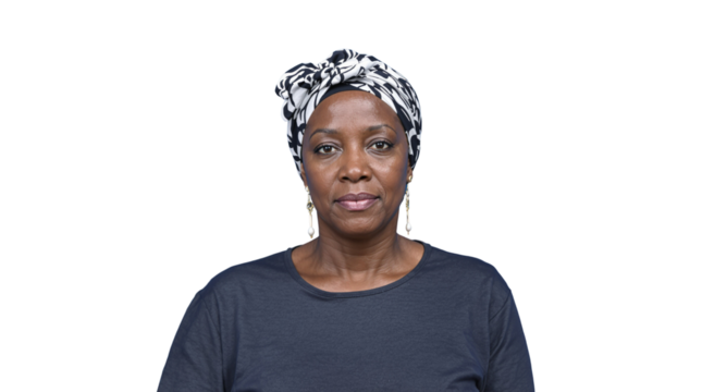 Confident mature woman in headscarf and earrings, wearing a dark shirt, isolated on a white background. Concept of cultural diversity and self-expression. Ai generative