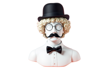 Surreal bust of a man with curly blond hair, mustache, round glasses, bowler hat, and bow tie on a white background. Concept of vintage style. Ai generative