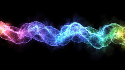 Fototapeta premium Glowing quantum entangled DNA strand emitting neon blue and green energy waves in futuristic molecular visualization