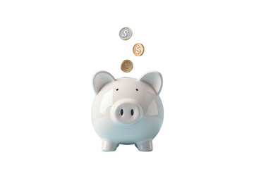 White piggy bank with golden and silver coins falling into it, isolated on a white background. Concept of saving money, investment, and financial growth. Ai generative