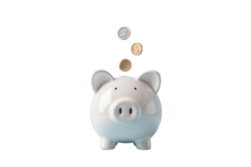 White piggy bank with golden and silver coins falling into it, isolated on a white background. Concept of saving money, investment, and financial growth. Ai generative