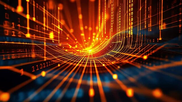 Abstract representation of digital data flow with glowing lines and binary code in a futuristic setting