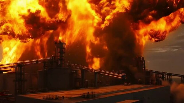 Oil refinery explosion with massive fire plume
