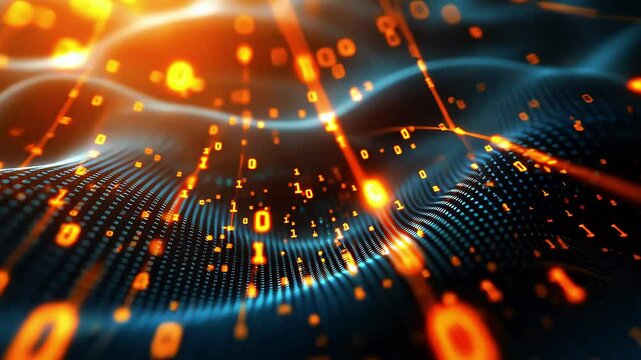 Abstract visualization of digital data flowing through waves of binary code in vibrant colors