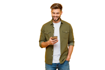 Happy man in casual outfit using smartphone, isolated on white background. Concept of communication, technology, and social media. Ai generative