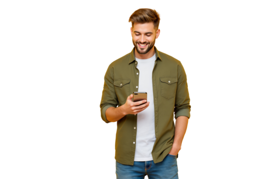 Happy man in casual outfit using smartphone, isolated on white background. Concept of communication, technology, and social media. Ai generative - Powered by Adobe