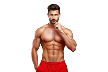 Athletic shirtless man with muscular physique wearing red shorts, posing confidently against a white background. Concept of fitness and male beauty. Ai generative