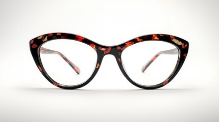 A pair of chic eyeglasses featuring a striking tortoiseshell design sits elegantly on a bright white background, emphasizing their unique style and modern appeal