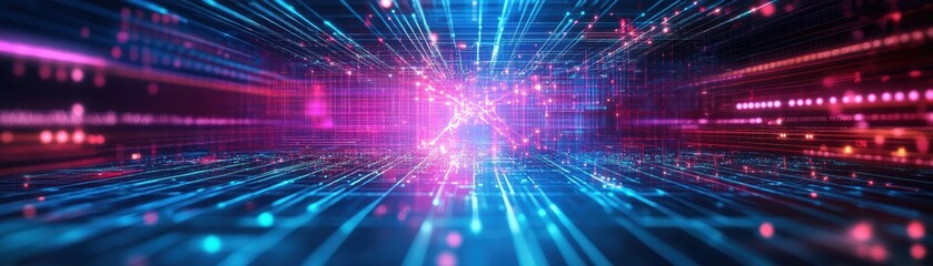 Naklejka premium Vibrant Abstract Technology Background Featuring Colorful Lines and Dynamic Lights Creating a Futuristic Atmosphere of Innovation and Creativity