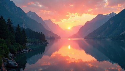Soft sunrise light dances across river valley, reflection, water, light