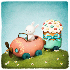 Holiday greeting card or poster for spring holiday Easter with a little white rabbit rides on an Easter Egg and carries an Easter cake. 