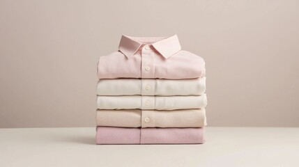 Cotton pastels form a charming stack, each folded shirt showcasing subtle hues and textures. The calm white backdrop enhances the soothing simplicity of this carefully curated arrangement