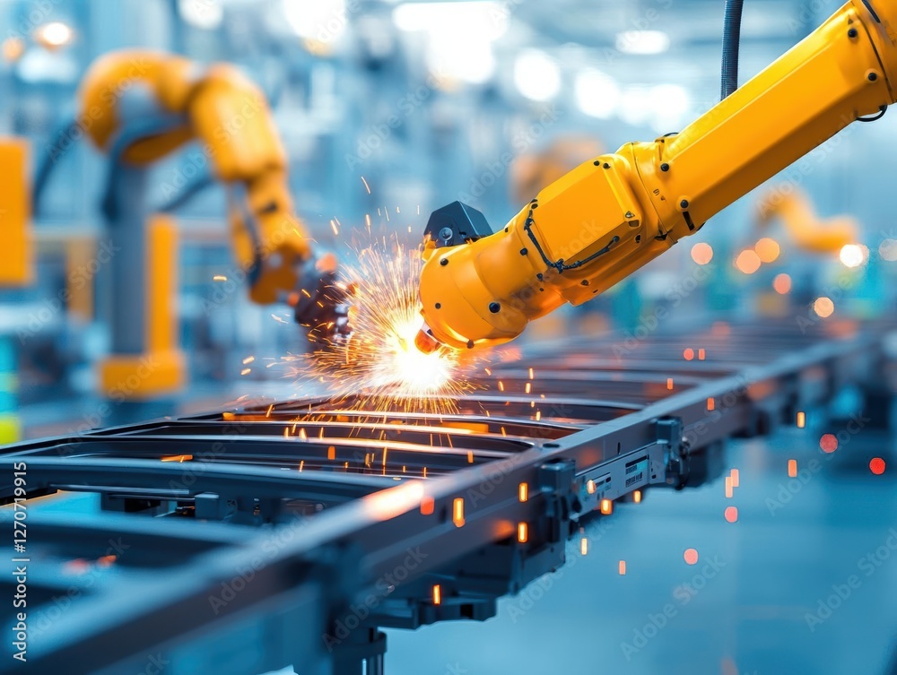 Poster advanced robotic welding machine working efficiently in a modern factory environment showcasing indu