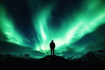 Silhouette of a person standing on a mountain under the glowing Northern Lights. Breathtaking aurora borealis illuminating the night sky, evoking wonder, awe, and connection to nature