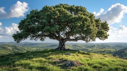 Obraz premium Majestic tree atop hill, scenic landscape, sunny day